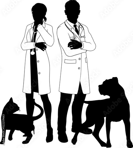 Man and Woman Vets Dog and Cat Pets Silhouette