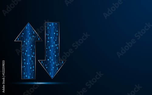 Abstract up and down arrows on dark blue background. The concept of digital traffic or exchange. Business growth or investment ideas. blue arrow technology background
