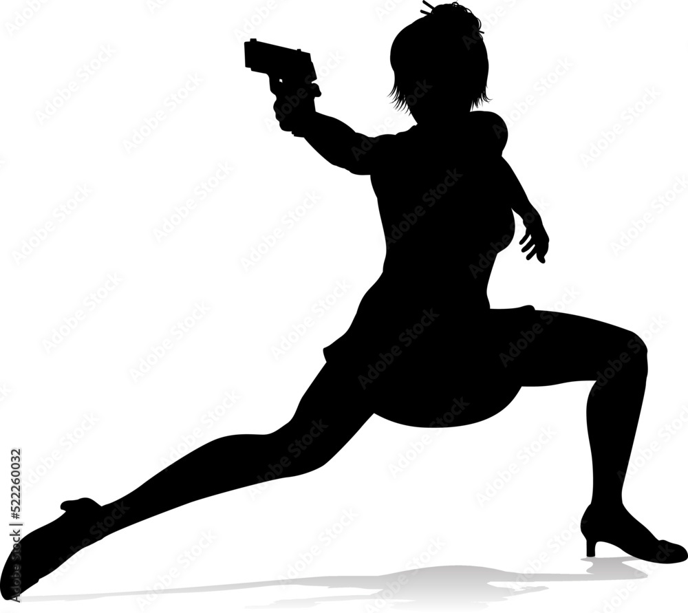 Woman Silhouette Action Secret Agent Spy With Gun Stock Vector