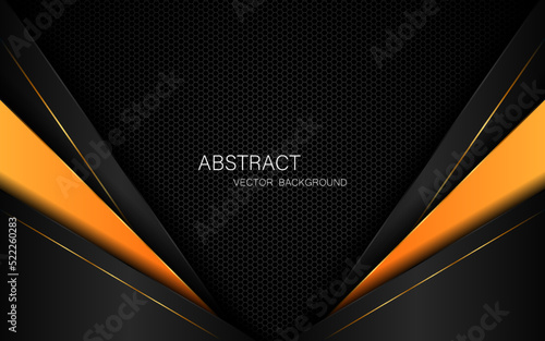 Abstract black and orange polygon with golden glow lines overlaid on dark steel mesh background with free space for design.	