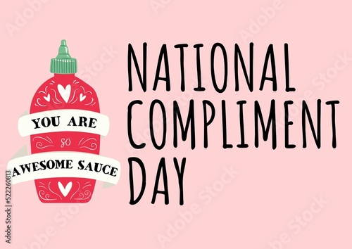 Composition of national compliment day text with bootle icon on pink backgorund photo