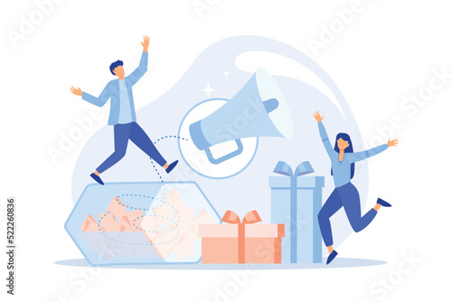 Prize draw Big prize winner, online random draw, promotional marketing, brand advertising game, rules and conditions, buyers reward Flat vector Modern illustration