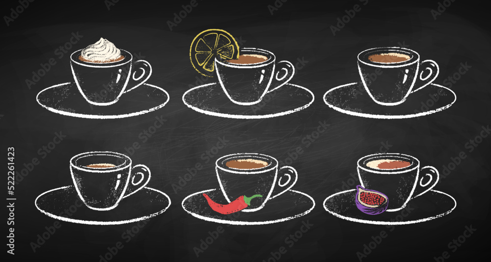 Chalk drawn illustrations set of coffee cups