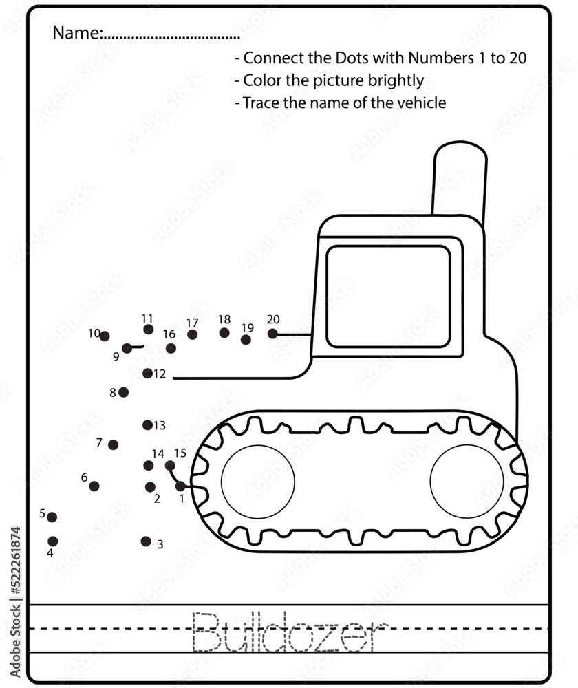 Dot to dot kids puzzle worksheet cartoon drawing construction vehicle