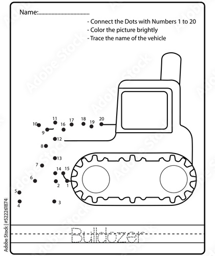 Dot to dot kids puzzle worksheet cartoon drawing construction vehicle. Trace and Color Educational game.