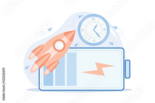 Fast charging technology Rapid charge technology, usb fast battery recharge, high speed, smart wireless, gadget power management flat design modern illustration