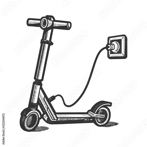 electric scooter is charging from the outlet sketch halftone pattern vector illustration. Scratch board imitation. Black and white hand drawn image.