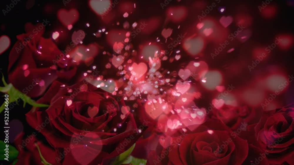 Animation of heart icons falling over roses Animation of heart icons falling over roses