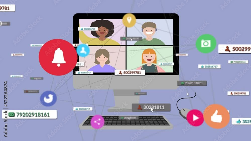Animation of media icons over computer with video call Animation of media icons over computer with video call
