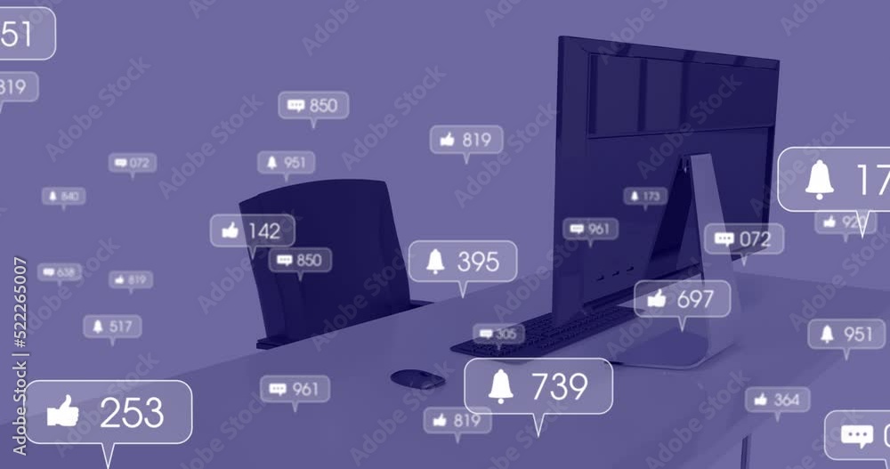 Animation of media icons over office Animation of media icons over office