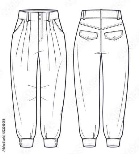 Slouchy pants fashion flat technical drawing template.  Jeans Denim pants, Slouchy trousers, high waist, owersize, balloon, pockets, women, front and back view, white, CAD mockup.