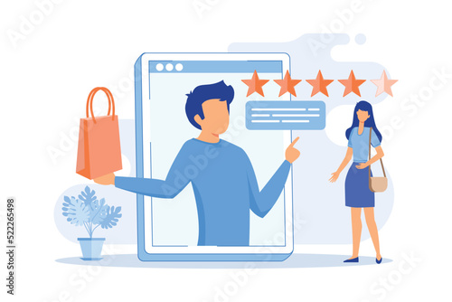 Product review Social media review, online rating service, content marketing tools, customer feedback, new product rating, recommendation flat design modern illustration