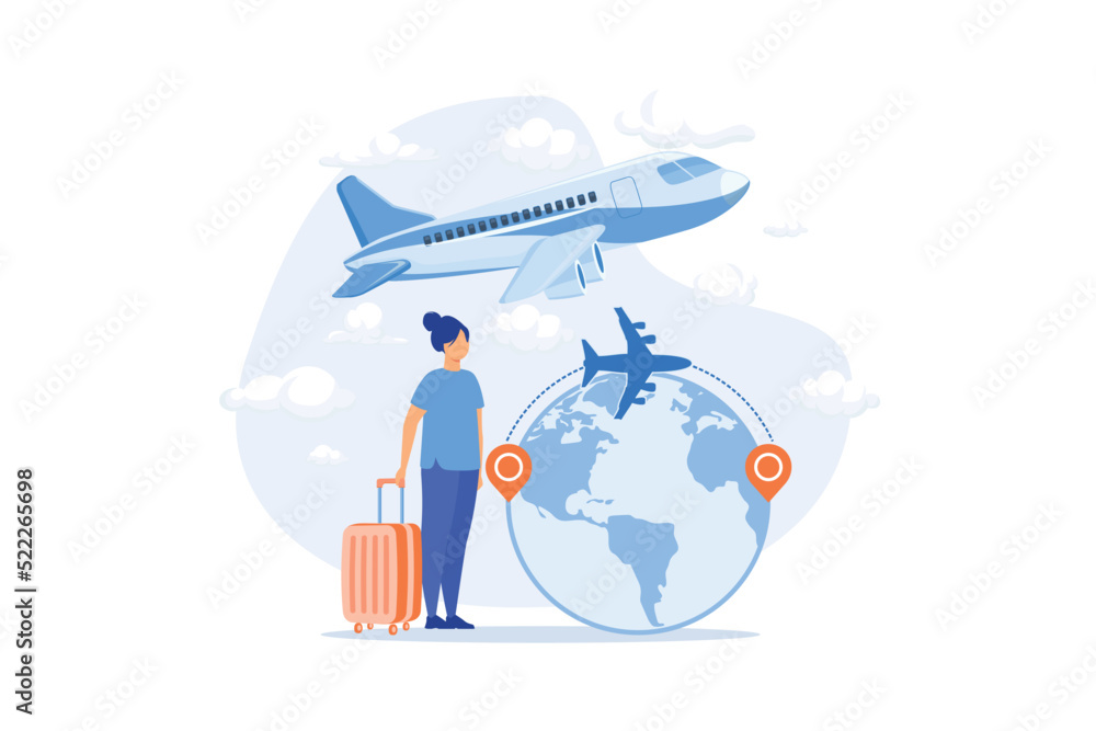 Intercontinental transportation, plane at airport, boarding pass, flight route, passenger, traveler on board flat design modern illustration Intercontinental transportation, plane at airport, boarding pass, flight route, passenger, traveler on board flat design modern illustration