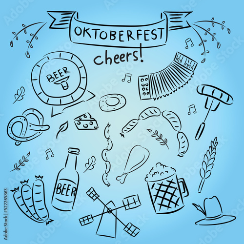 Cartoon illustration of Octoberfest icon, symbol of beer, music and food festival