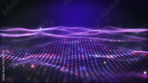 Glow blue purple ocean wave abstract stage background. 3D rendering.