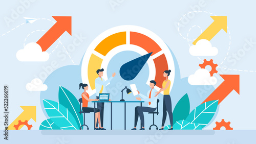 Teamwork concept. Team work in the office. A successful result is on the scale. Colleagues gather in boardroom brainstorm discuss financial statistics together. Working at meeting. Vector illustration