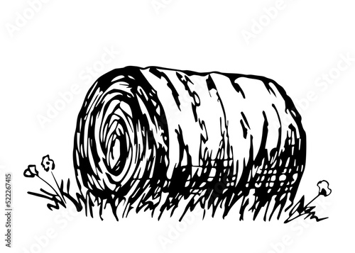 Simple hand drawn vector drawing in engraving style. Round haystack, straw, dry grass. Farm and ranch, livestock feed. Countryside, autumn fields, harvest. Sketch in ink.