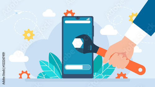 Concept of creating, setting personal pages, and repairing. User interface customization, programming. Phone screen with user's personal page. User customizes settings on mobile. Vector illustration
