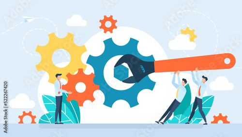Setting up the business mechanism. Strategy analysis. Tiny people links of mechanism, business mechanism, abstract background with gears, people are engaged in business promotion. Vector illustration