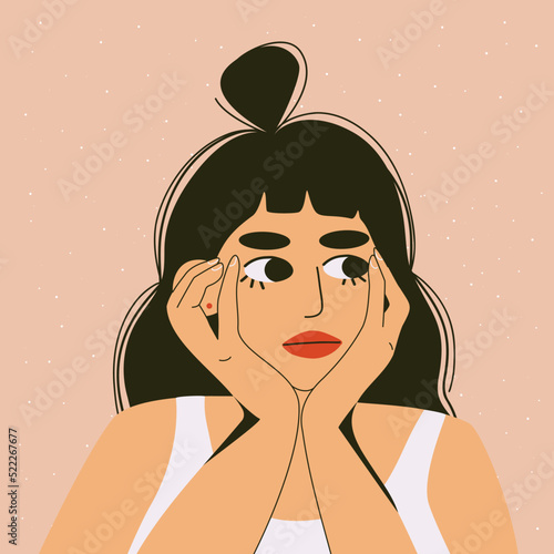 Abstract woman character. Female cartoon portrait, modern flat girl face big eyes lips, art print. Vector illustration