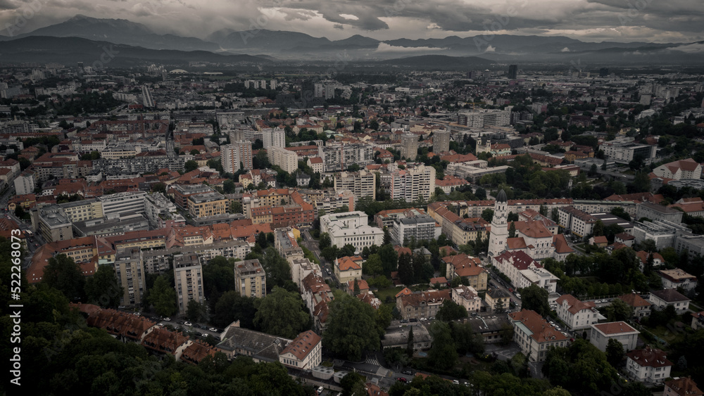 Ljubljana, Slovenia city center view from above. Green capital of Europe. An aerial view drone photo.