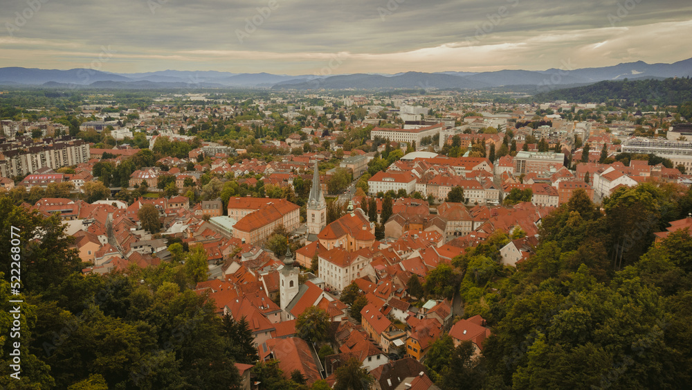 Ljubljana, Slovenia city center view from above. Green capital of Europe, Old Castle. An aerial view drone photo.