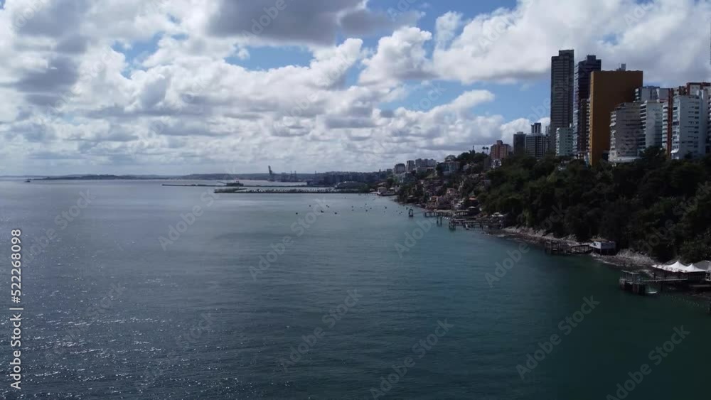 Beautiful aerial cinematographic image with drone Salvador in Bahia in coastal metropolis above the ocean