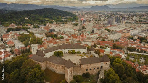 Ljubljana, Slovenia city center view from above. Green capital of Europe, Old Castle. An aerial view drone photo. photo