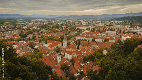 Ljubljana, Slovenia city center view from above. Green capital of Europe, Old Castle. An aerial view drone photo.
