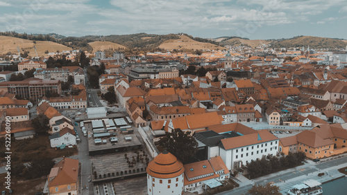 Maribor, Slovenia red roof on a sunny day. Bright sunny day, Travel in Europe. An aerial view drone photo.