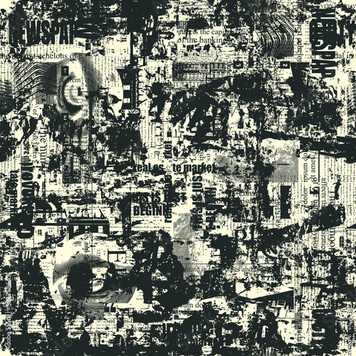 Abstract seamless pattern with chaotic layering of unreadable newspaper text, illustrations and titles on an old paper backdrop. Monochrome vector background, Wallpaper, wrapping paper, fabric design