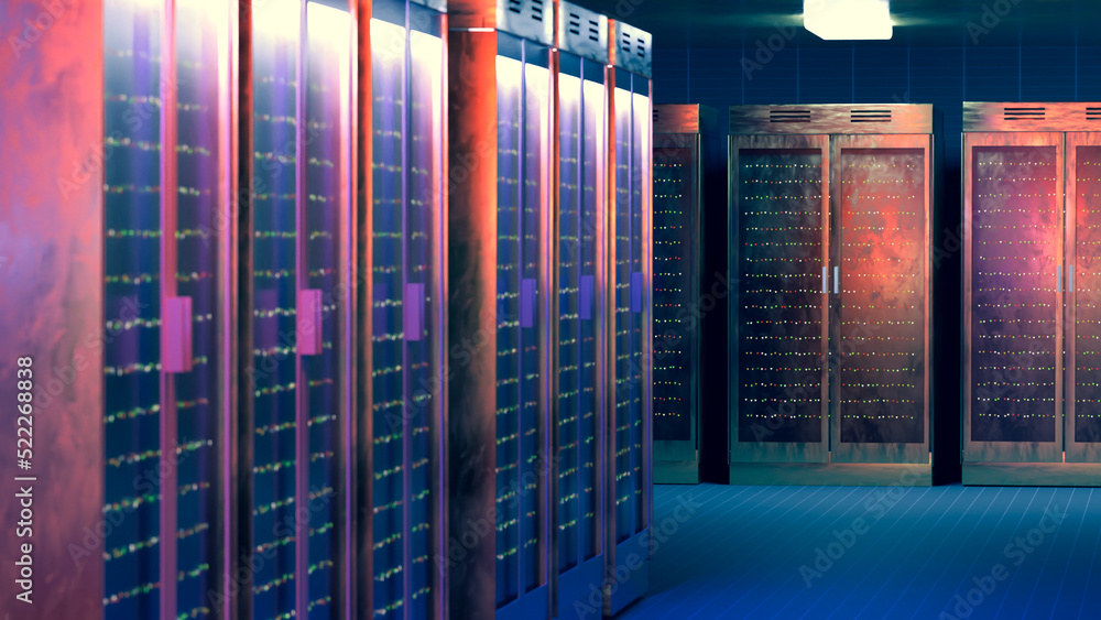 Server. Servers room data center. Backup, mining, hosting, mainframe, farm and computer rack with storage information. 3d rendering Server. Servers room data center. Backup, mining, hosting, mainframe, farm and computer rack with storage information. 3d rendering
