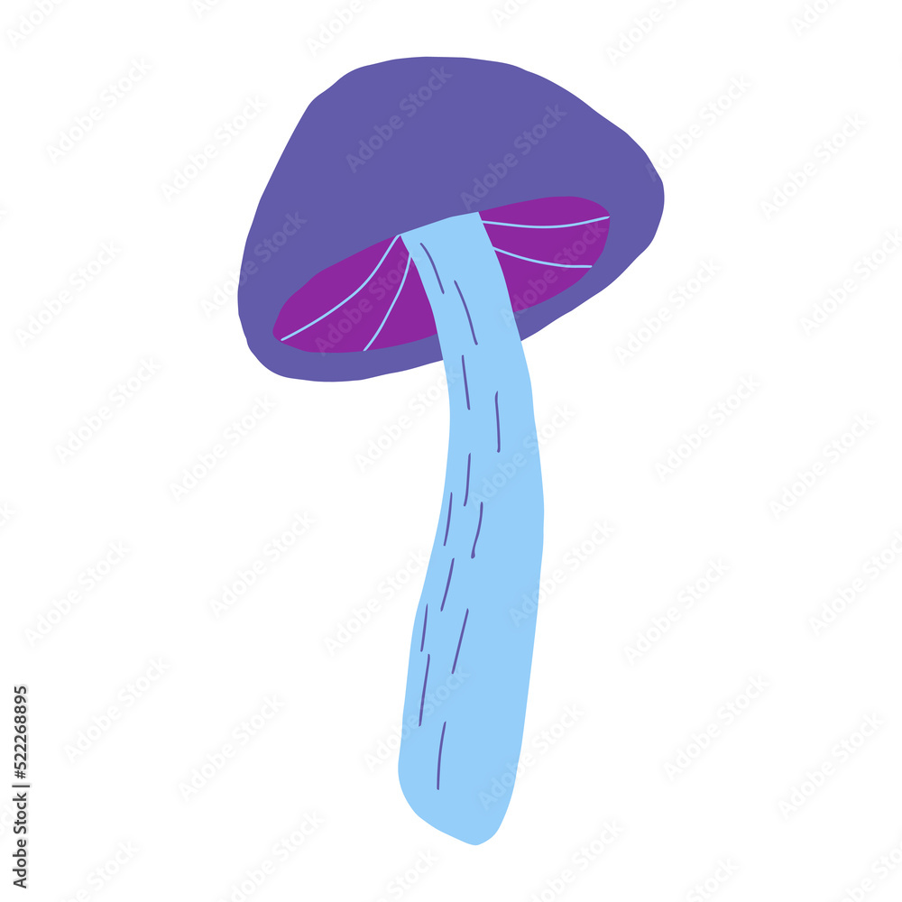 Magic mushroom decorative in cold violet and blue colors. Handdrawn vector illustration