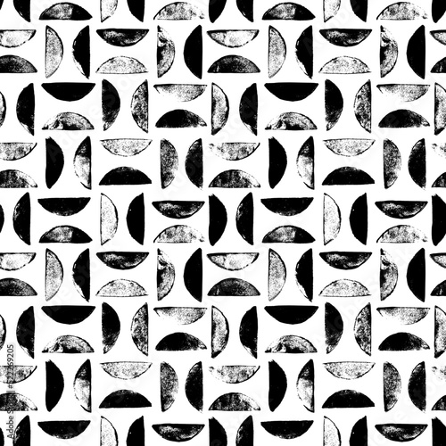 Geometric abstract seamless pattern with semicircles. Black and white simple elements of geometry, imprint halved circles. Bauhaus constructive style. Hand drawn vector grunge retro pattern.