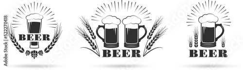 Beer logo, icon, label set. Brewery, pub or bar emblem design template with beer mug or glass. Vintage alcohol drink badge. Vector illustration.