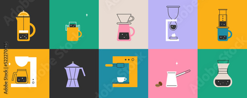 Diversity coffee brewing method. French press, chemex, pour over, aero press, siphon, vacuum pot icon. Drip brew, espresso, moka pot, filter, cezve. Coffee makers set. Barista tool vector illustration