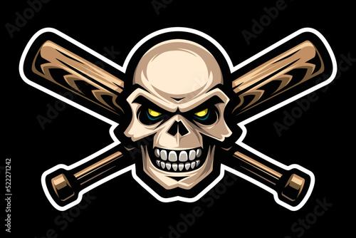 Human skull and crossed baseball bats. Gangster sign, bandit symbol. Vector illustration.