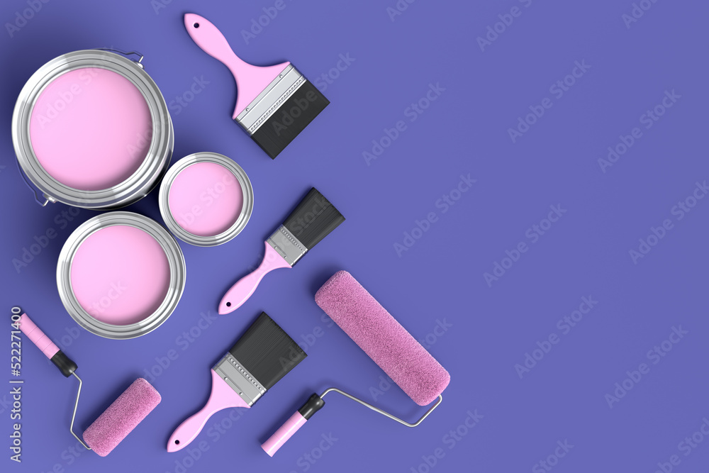 Set of metal cans or buckets with paint rollers and brushes on violet background Set of metal cans or buckets with paint rollers and brushes on violet background