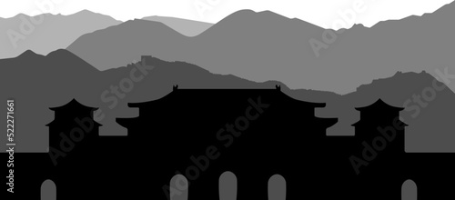 Black and white landscape with mountains and Palace of Beijing, vector file, silhouettes.