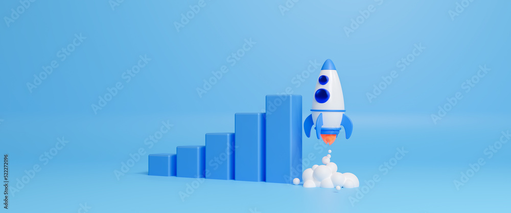 Growthing graph bar with rocket rising moving up. Start up business development to success and growing growth concept. Abstract rocket launch and graph growing up. Success strategy. 3d rendering - obrazy, fototapety, plakaty 