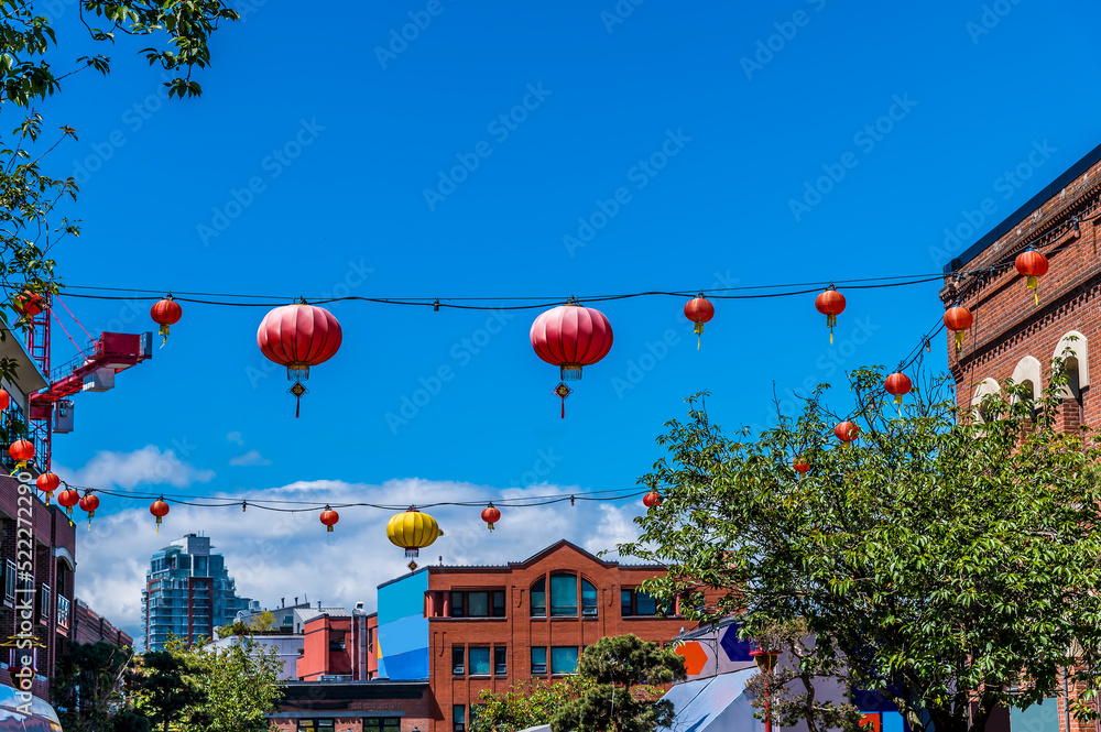 A high level view in the main street in Chinatown in Victoria British Colombia, Canada in summertime