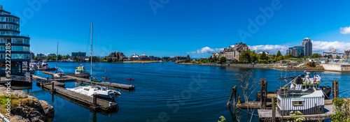 A panorama view across moorings in the harbour in Victoria British Colombia, Canada in summertime