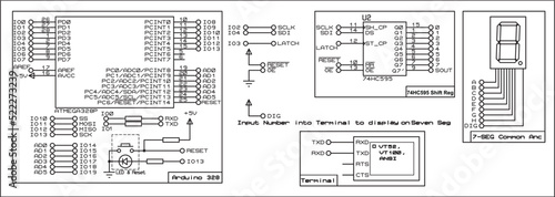 Vector diagram of connecting a seven-segment indicator and a register chip to an Arduino.