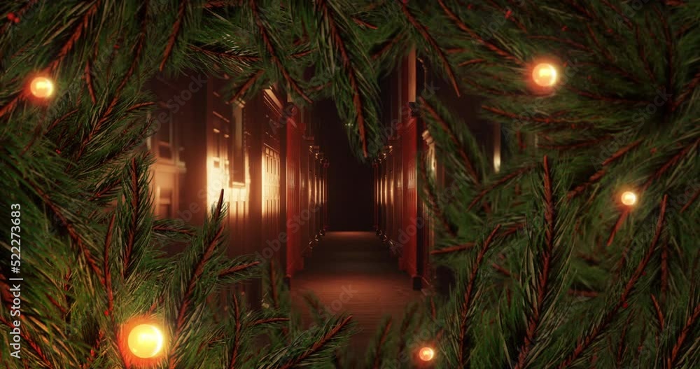 Animation of glowing fairy lights and fir tree branches over glowing light Animation of glowing fairy lights and fir tree branches over glowing light