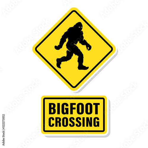 Bigfoot crossing road sign. Sasquatch walking symbol. Hairy wild man cryptid poster. Mythical cryptozoology creature silhouette icon. Vector illustration.