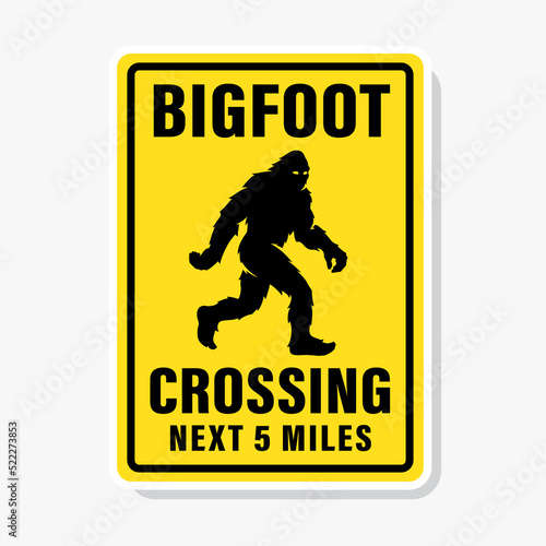 Bigfoot crossing sign. Sasquatch walking symbol. Hairy wild man cryptid poster. Mythical cryptozoology creature silhouette icon. Vector illustration.