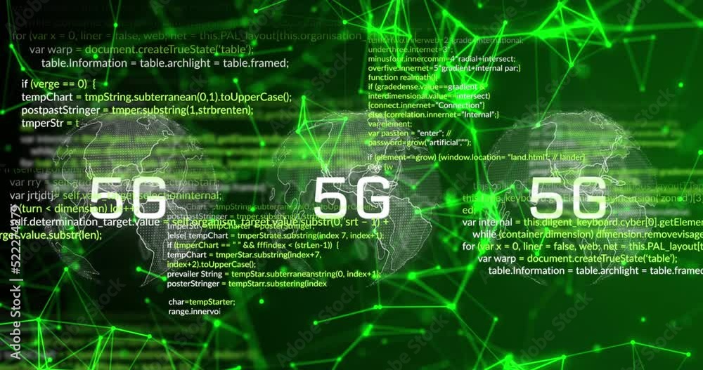 Animation of 5g over globe, connections, data and digital screen Animation of 5g over globe, connections, data and digital screen