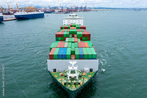 aerial front view container ship carrying cargo container import export internatioonal and worldwide, business and industry goods logistic transportation by container ship in open sea,
