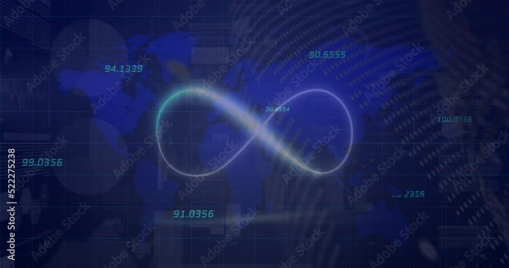 Animation of world map, numbers and infinity on navy background Animation of world map, numbers and infinity on navy background