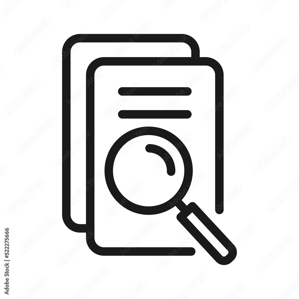 Scrutiny document plan outline icon. Review statement with magnifier loupe, vector illustration Scrutiny document plan outline icon. Review statement with magnifier loupe, vector illustration